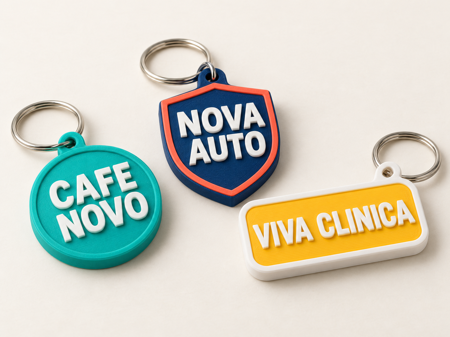 Chaveiros empresariais impressos em 3D com os nomes Cafe Novo, Nova Auto e Viva Clinica